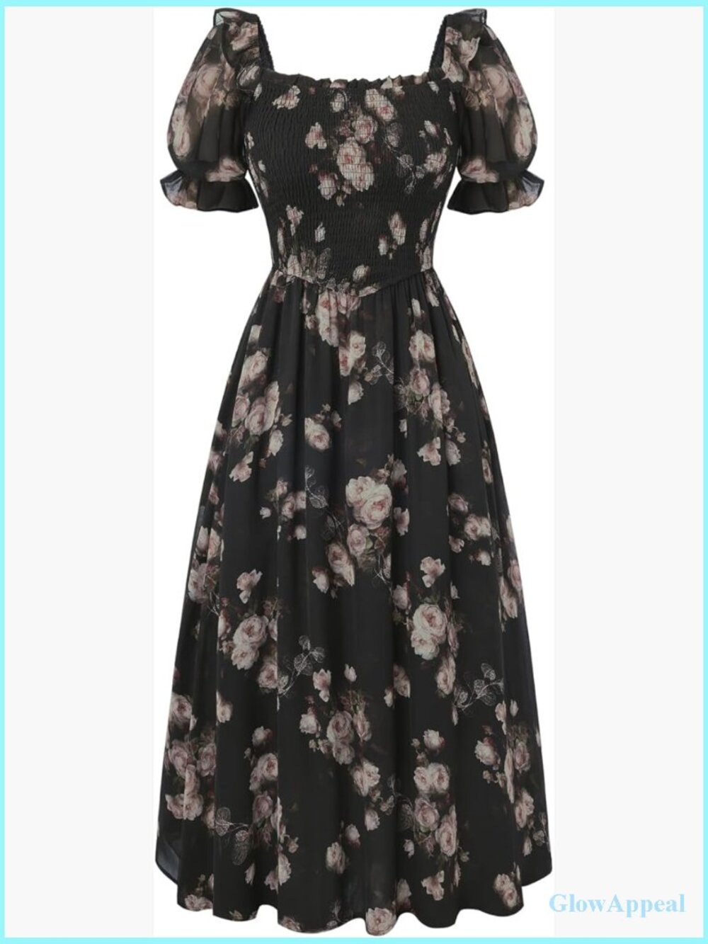 Floral Puff Sleeve Square Neck A-Line Midi Dress for Wedding Guest Tea Party - Picture 1 of 7